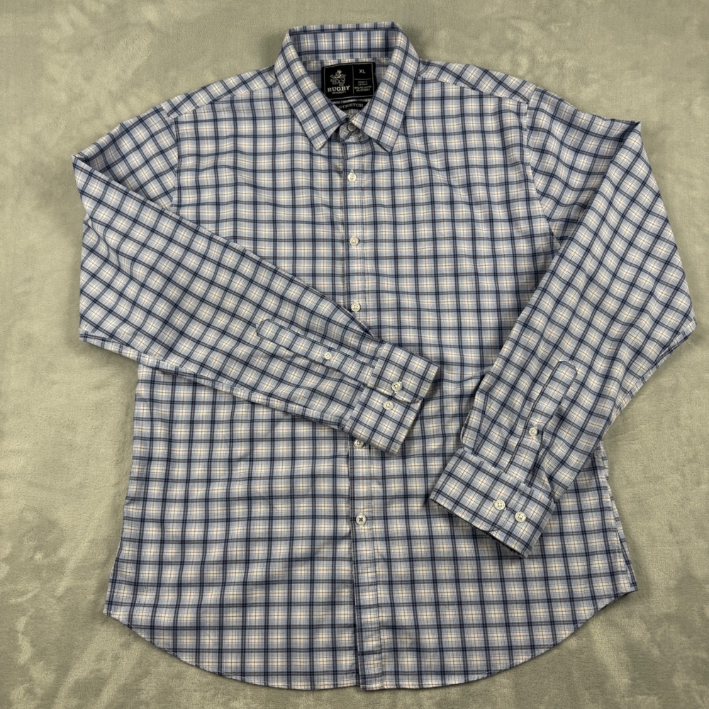 Rugby University Men's Blue White Plaid Stretch Long Sleeve Button Down Shirt XL - Picture 6 of 9